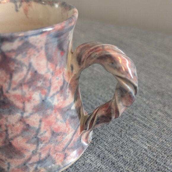 Handmade Pink/Blue/Beige Pottery Mug with "M", Twisted Handle - Picture 3 of 6